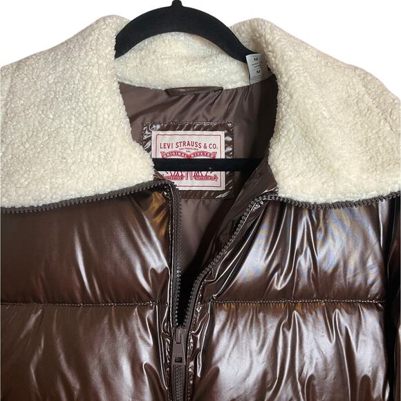 NWT Levis Breanna Faux Fur Pearlized Brown Sherpa Puffer Jacket Women's Size M - Picture 5 of 9